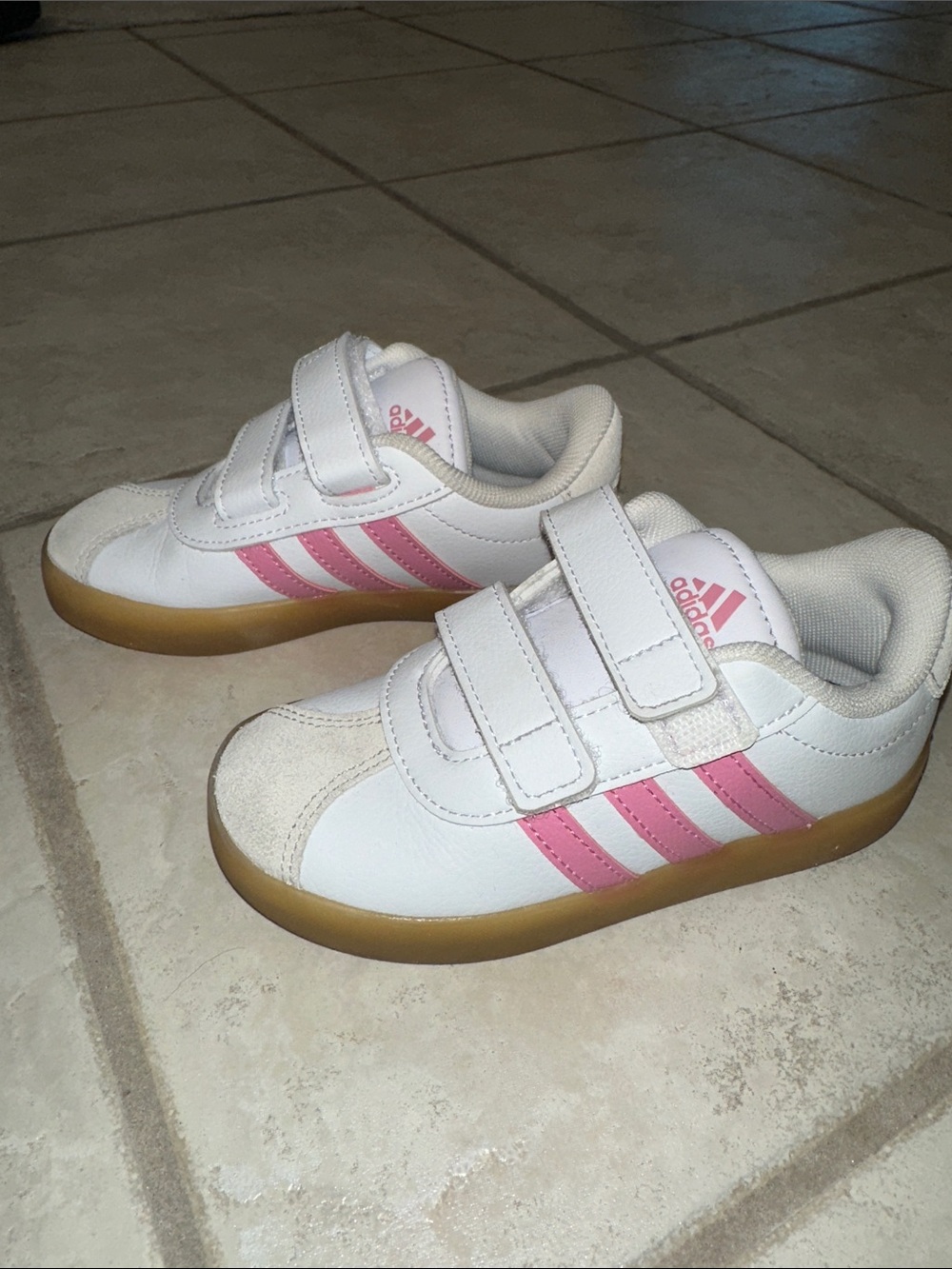 adidas Court Kids White Sneakers with Pink Stripes and Gum Sole